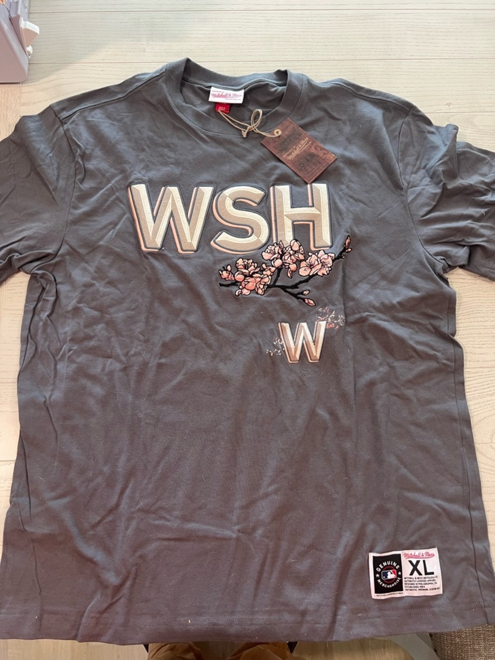 Mitchell & Ness WSH Tee with Cherry Blossom Applique - Gray & Pink